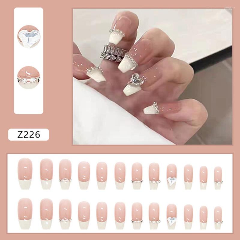 

False Nails 2023 24PCS Long Press On Nail Cute Rhinestones Design Fake Full Coverage Removable With Glue/Jelly Gel Sweet Style, Jelly glue model