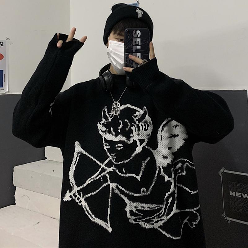 

Men's Sweaters Vintage Women Streetwear Knitted Pullover Angel Graphics Goth Punk HipHop Winter Harajuku Oversized Y2K Grunge ClothingMen's, Dark grey