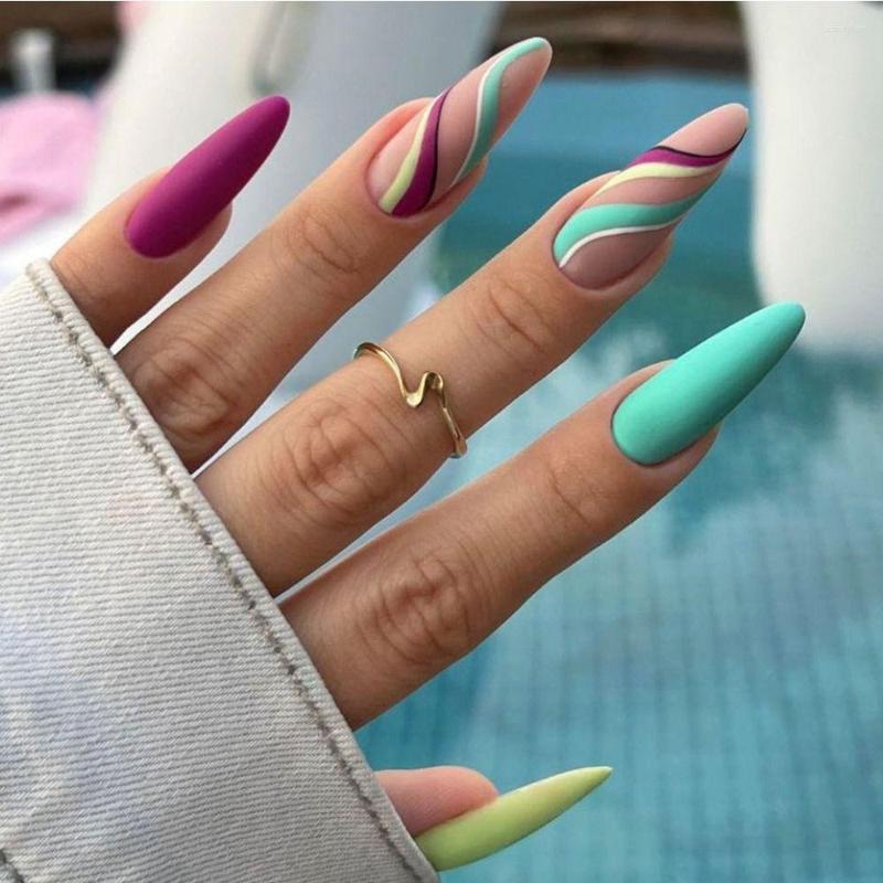 

False Nails 24pcs Matte Colorful Long Almond French Wavy Stars Fake Press On Full Cover Nail Tips Easy To Use