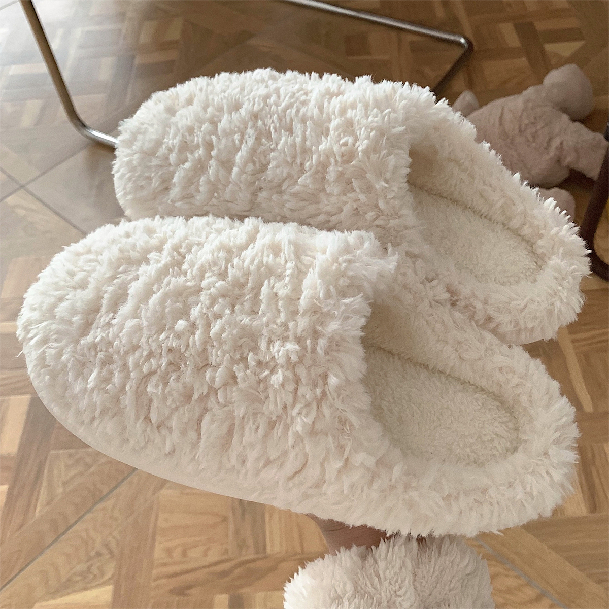 

Slippers Japanese Simple Solid Color House Slippers For Women Girls Cute Fluffy Winter Warm Home Slippers Woman Fur Shoes 230313, White