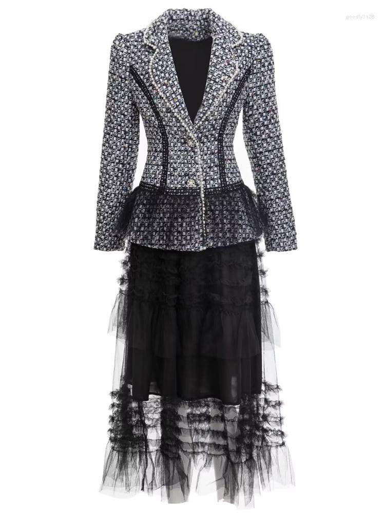 

Work Dresses Runway Autumn Designer Tweed Coat Tops Sexy Black Mesh Skirt Elegant Vintage High Quality Fashion Casual Office Women' Set, Gray