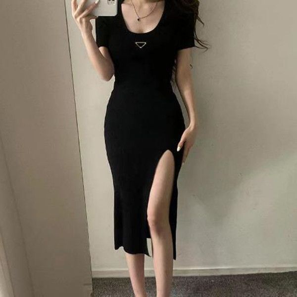 

Woman Clothing Casual Dresses Short Sleeve Summer Womens Dress Slit Skirt Outwear Slim Style With Budge Designer Lady Sexy Dresses A003, 004