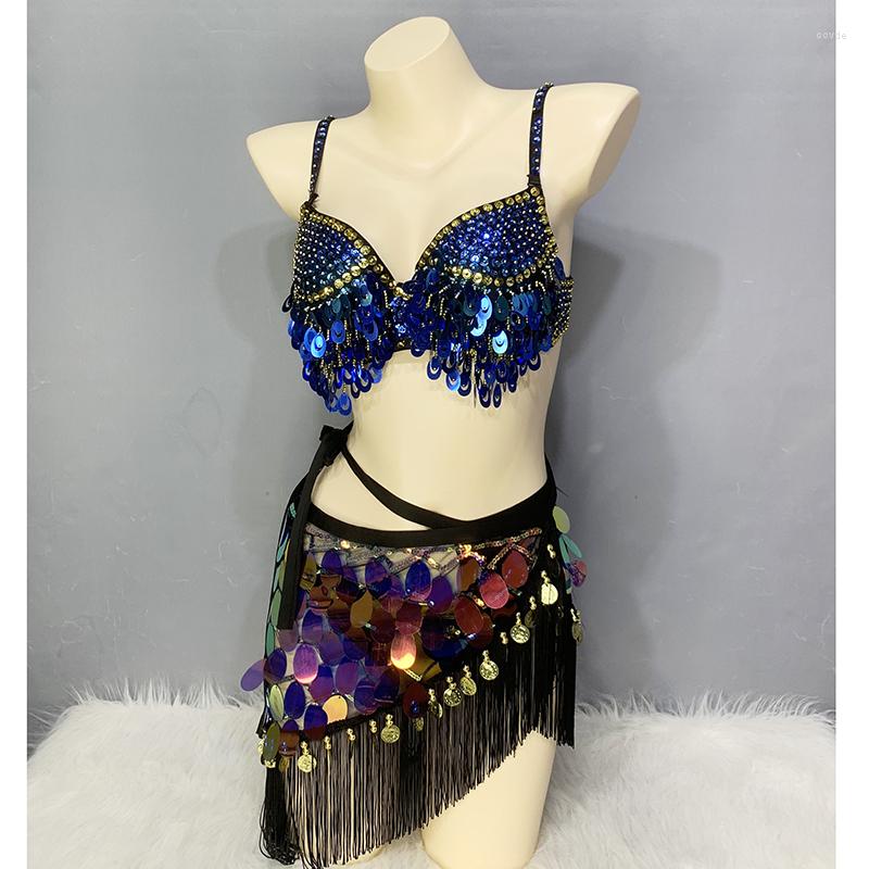 

Stage Wear 2023 Woman Belly Dance Costume Set Beaded Sequins Tassel Bra Hip Scarf 3Pcs Bellydancing N21014, Dark blue