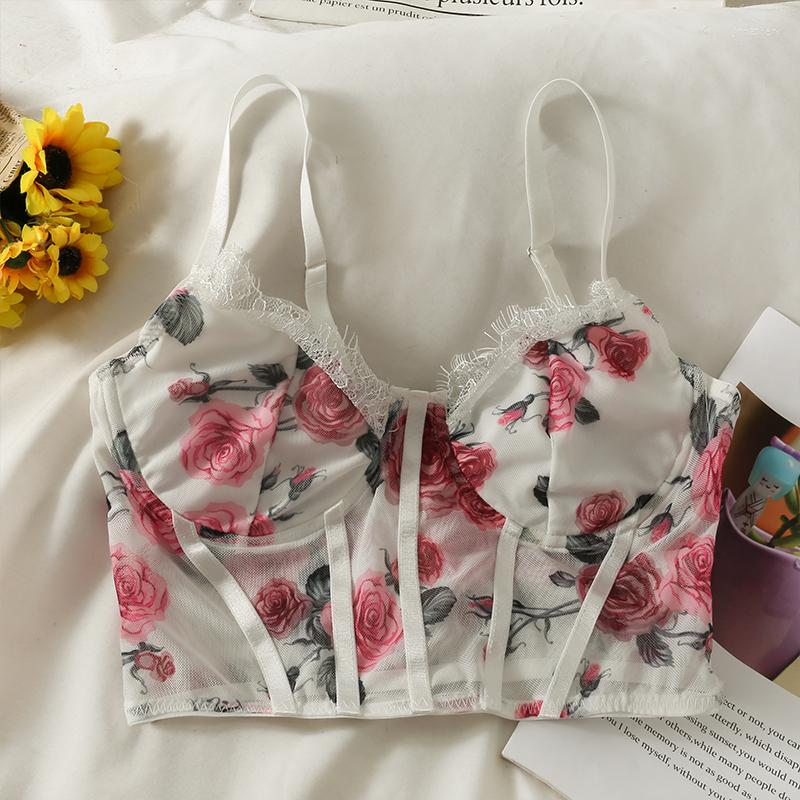 

Women's Tanks Spaghetti Strap Tank Top Woman Floral Print Camis For Women Korean Fashion Crop Tops Lace Camisole, White