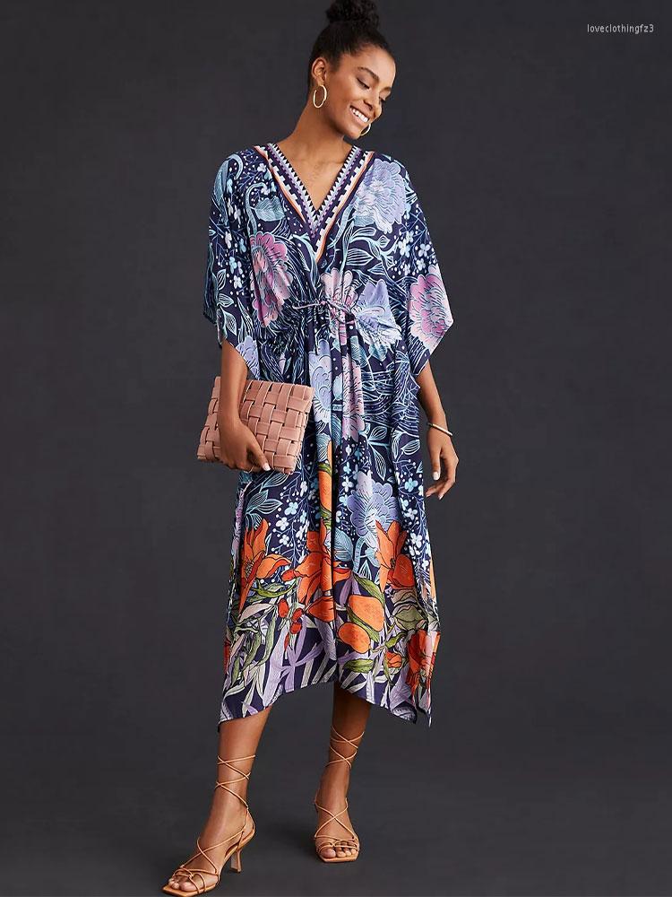 

Women's Swimwear Bohemian Print Bikini Cover-ups Retro Self Belted Women 2023 Summer Clothing Kaftan Dress Beach Wear Swim Suit Cover Q1449, Multi