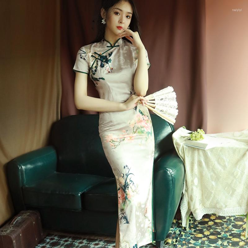 

Ethnic Clothing Chinese Traditional Fashion Cheongsam Dress Women Summer Silk Satin Stand Collar Qipao Banquet Dresses Plus Size To 4XL