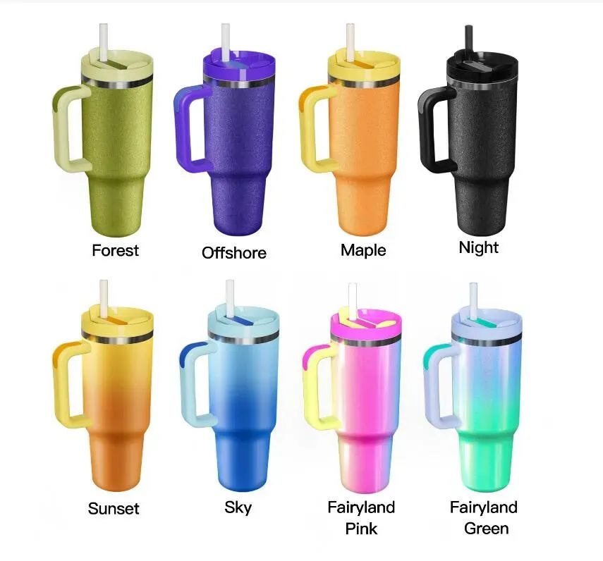 New 2.0 Plus 40oz Stainless Steel Tumbler with Handle Lid Straw Rough Glitter UV Gradient Colors Big Capacity Water Bottle Cup Vacuum Insulated Travel Mugs 0303