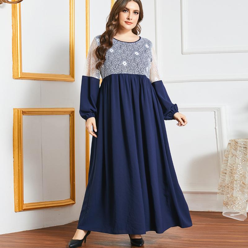

Plus Size Dresses Lace Patchwork Maxi Dress Loose Women 4XL Curve Middle East Elegant Robe Abaya Dubai Turkey Party Evening, Navy blue