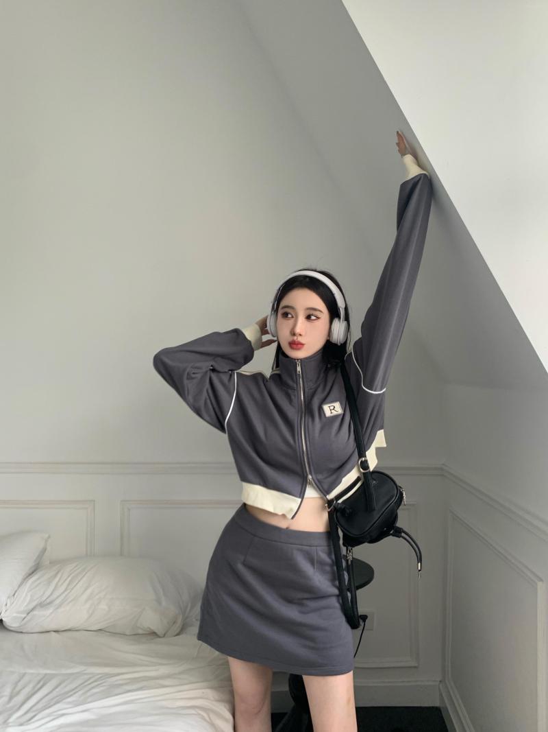 

Work Dresses Women 2 Piece Sets Stand Collar Long-sleeved Loose Casual Sweatshirt And Slim A-LINE Mini Skirt Autumn Female Fashion Suits Y2k