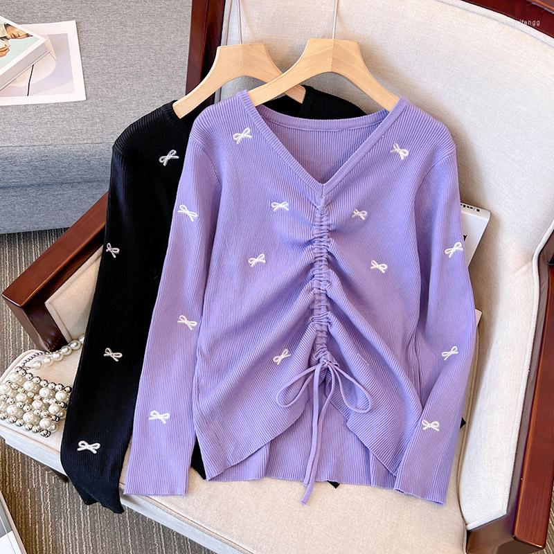 

Women's Sweaters Fashion All-match Geometric Pattern Female Autumn Winter Korean V Neck Loose Vintage Long Sleeve Bow Knitted Jumpers, Black