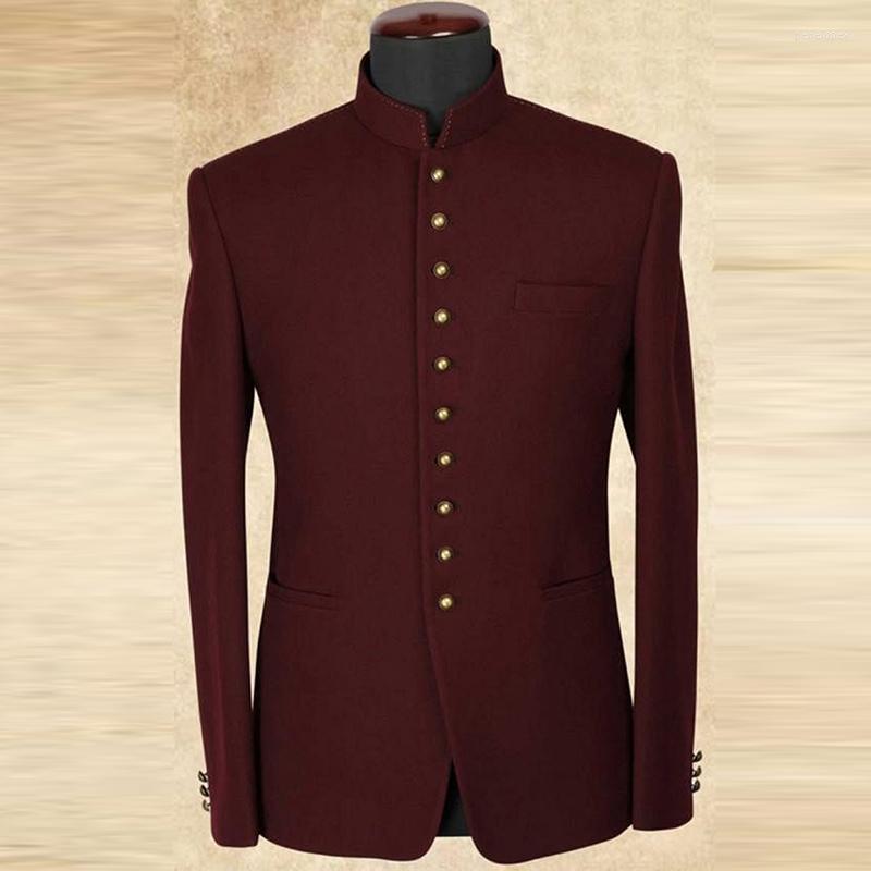 

Men's Suits Men's Suit Jacket Dark Green Burgundy Suede Long Sleeve Stand Collar Single Breasted Male Gentleman Business 2023