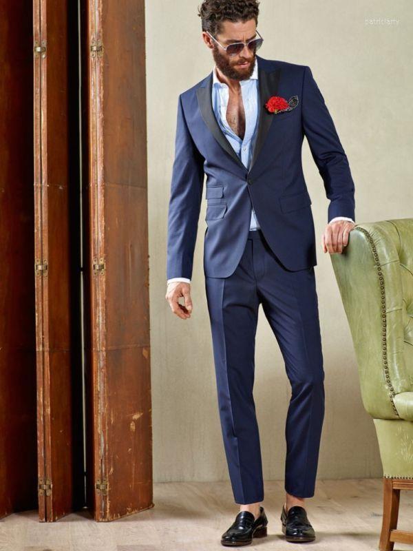 

Men's Suits Peaked Lapel One Button Navy Bule Men Custome Homme Fashion Tuxedos Terno Slim Fit Blazer Cool Handsome Suits(Jacket Pant), Picture shown