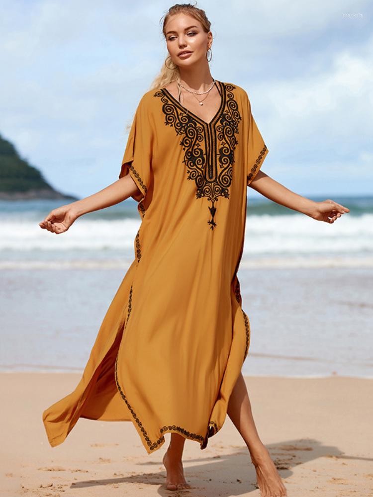 

Women's Swimwear Kaftan Beach Dresses Flower Embroideried V Neck Swimsuit Cover-ups Seaside Elegant Bathing Suits Ginger Yellow Beachwear, Gold beach kaftans