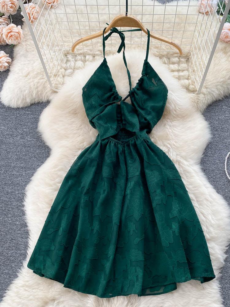 

Casual Dresses ZCWXM Bohemian Backless Jacquard Sling Mini Dress Women Vintage Sleeveless Halter Neck Waist Short Green/Black, Dark green