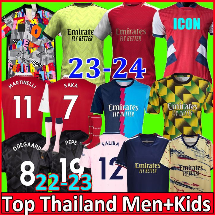 

22 23 SALIBA PEPE SAKA Joint Edition soccer jerseys G.JESUS MARTINELLI JORGINHO ODEGAARD THOMAS TIERNEY SMITH ROWE 2023 2024 no more red football shirt Men Kids kit set, Home