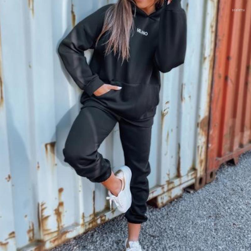

Women's Tracksuits Fashion Hooded Sweatshirt Pullover And Sport Pant Outfits Casual Long Sleeve Loose Suit Elegant Letter Print 2Pc Set, 01 white