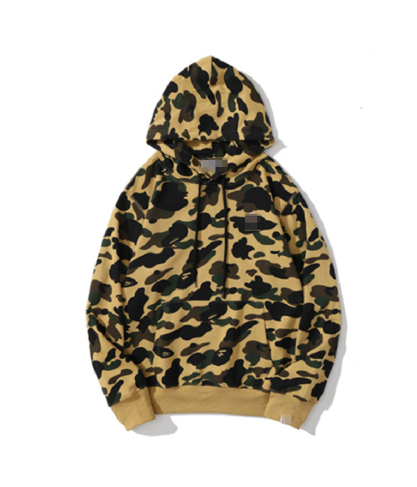 

APes Lapel Sweatshirts Spring and Autumn New Fashion trend Baps Shark Camouflage Kangaroo Pocket Hooded Casual Couple Pullover Coat, Yellow