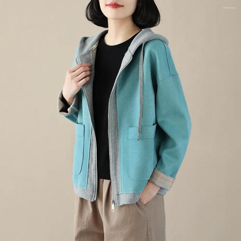 

Women's Jackets Casual Simple Wild Female Hooded Jacket Loose Tops Splicing Korean Fashion Zipper Woman Coat Long Sleeve Spring And Autumn, Beige