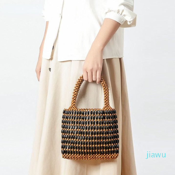 

Designer-Hand-woven Bag Wooden Beads Handmade Bags Vintage Beach Vocation Handbag for Women, Coffee