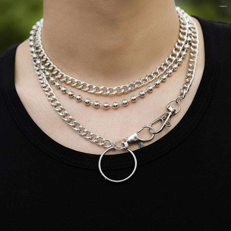 

Pendant Necklaces KunJoe Multilayer Punk CCB Beaded Round Ring Necklace For Men Hip Hop Silver Color Cuban Chain Key Buckle Collar Set
