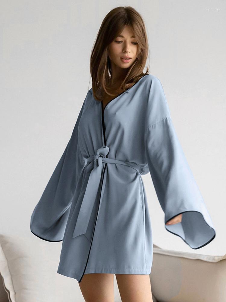 

Women' Sleepwear Linad Blue Robes For Women Loose Long Sleeve Nightwear Sashes Casual Bathrobe Female 2023 Spring Woman Clothes Solid