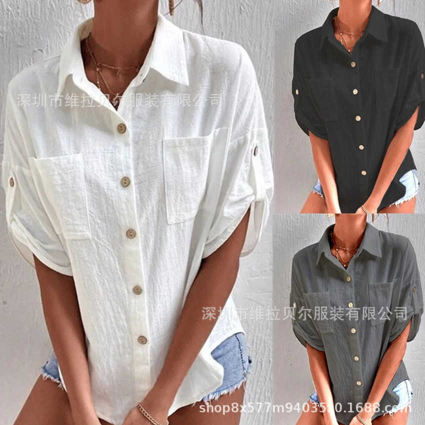 

2023 women' Shirt New mid sleeve pocket Lapel mid length cotton linen shirt, Black