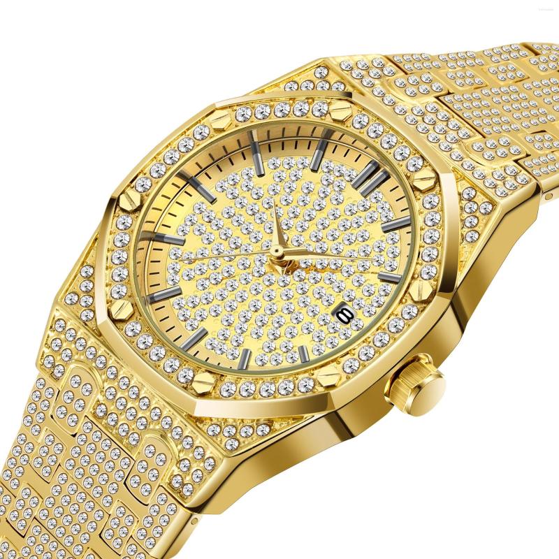 

Wristwatches MISSFOX 18K Gold Watch Men Diamond Watches Top FF Iced Out Male Quartz Calender Unique Gift For