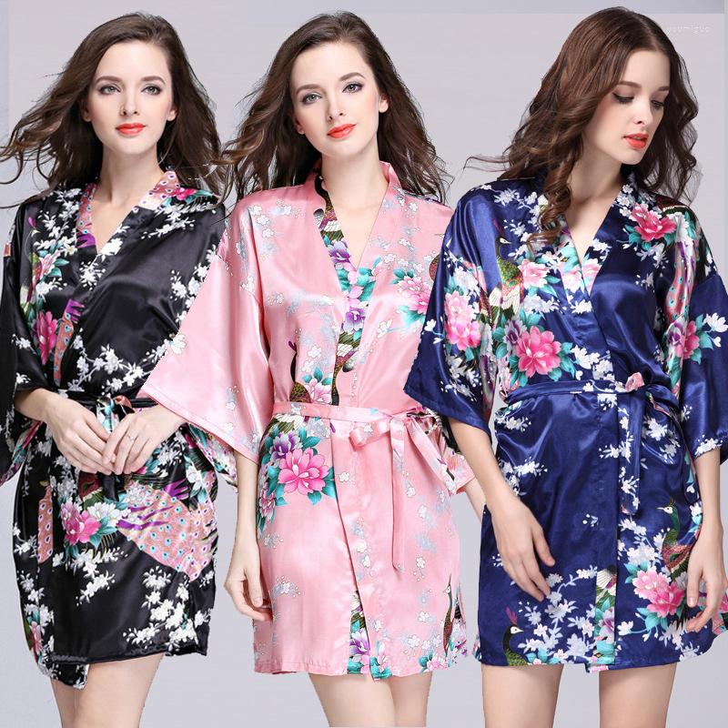 

Women' Sleepwear Women Silk Sexy Kimono Bathrobe Satin Knee Length Bridesmaid Peacock Bath Robe Plus Size Bride Dressing Gown, Black