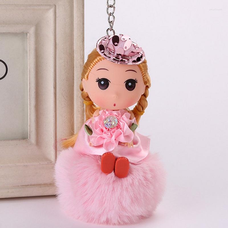 

Keychains Cute Girl Baby Doll Keychain For Women Fluffy Fur Pompom Ball Key Chain On Bag Car Trinket Toy Jewelry Wedding Party Gift