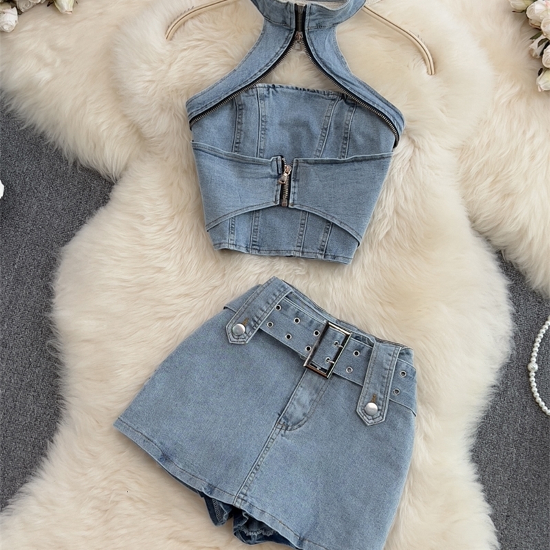 

Women  Two Piece Pants DEAT Women Halter Backless Sexy Denim Top Hig Waist Shorts Set Temperament Fashion Spring Summer 2023 11D10231 230311, Blue