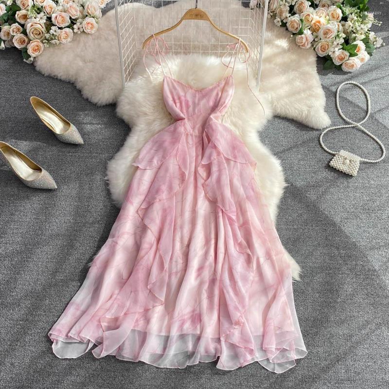 

Casual Dresses Pink Holiday Dress Women Floral Suspender Summer High-waist Backless Sleeveless Slim A-line Ruffled Long Sling
