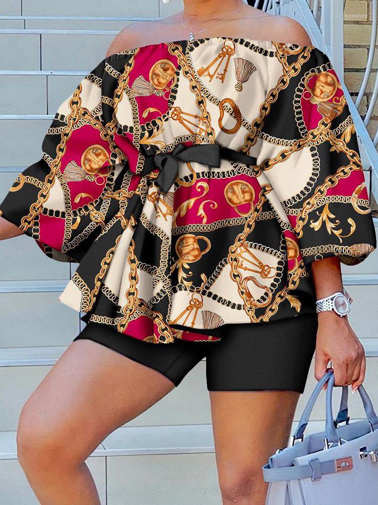 

Women' Tracksuits Printing Outfit Women Summer Loungewear Puff Sleeve Shorts Two Pieces Matching Set Slash Neck Loose Fit Ladies Suits, 06 print