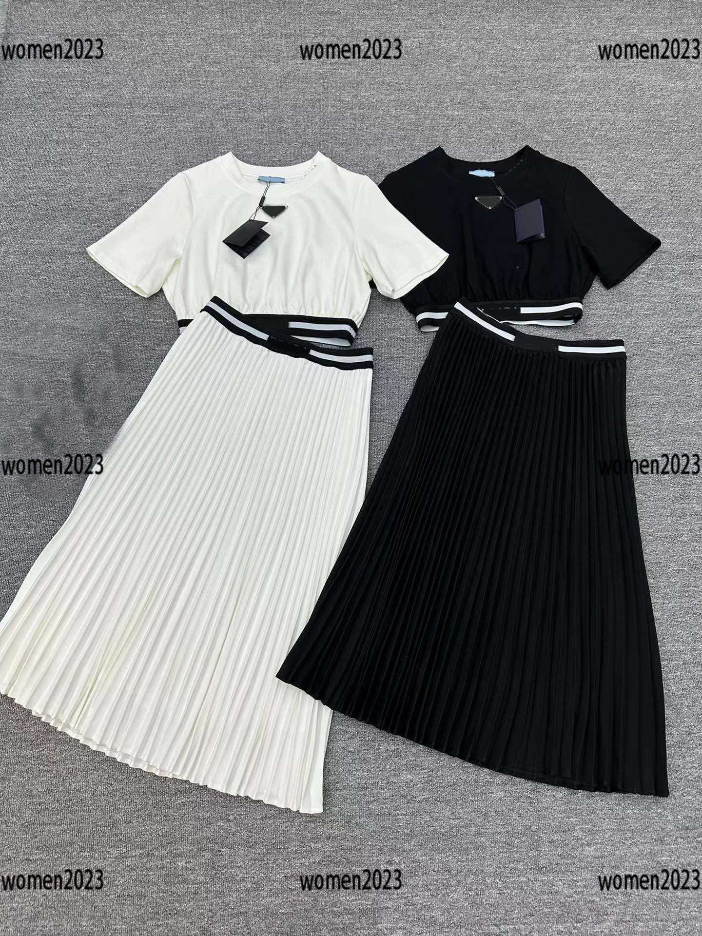 

women sets ladies dress 2pcs Metal logo accessories short T-shirt and pleated skirt Summer Elegant Size S- New arrival Mar01, Multi