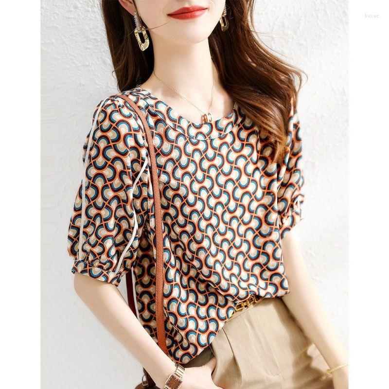 

Women's Blouses Elegant O-Neck All-match Printed Chiffon Blouse Women's Clothing 2023 Spring Oversized Casual Pullovers Office Lady, Coffee
