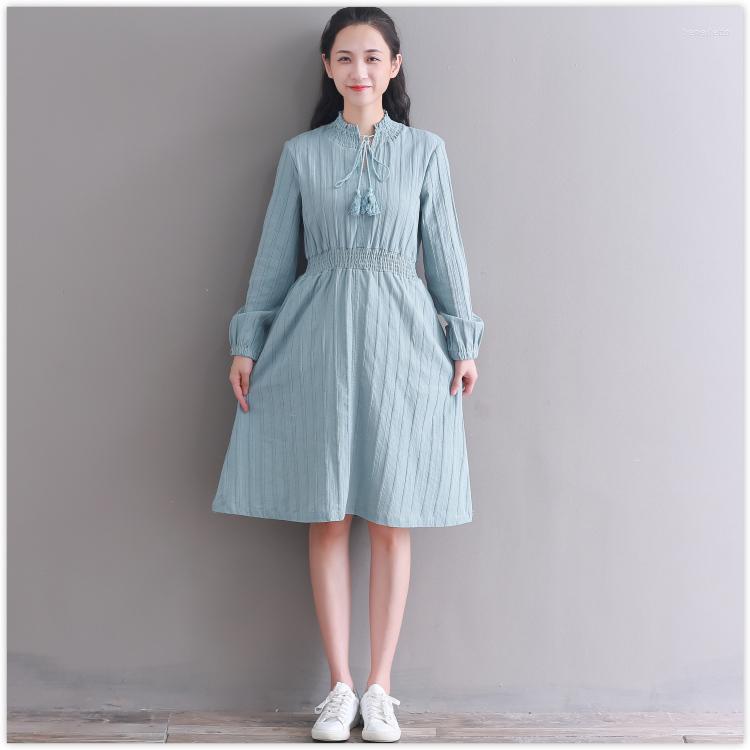

Casual Dresses Autumn Fashion Dress 2023 Arrival Long Sleeve Solid Pleated, Blue