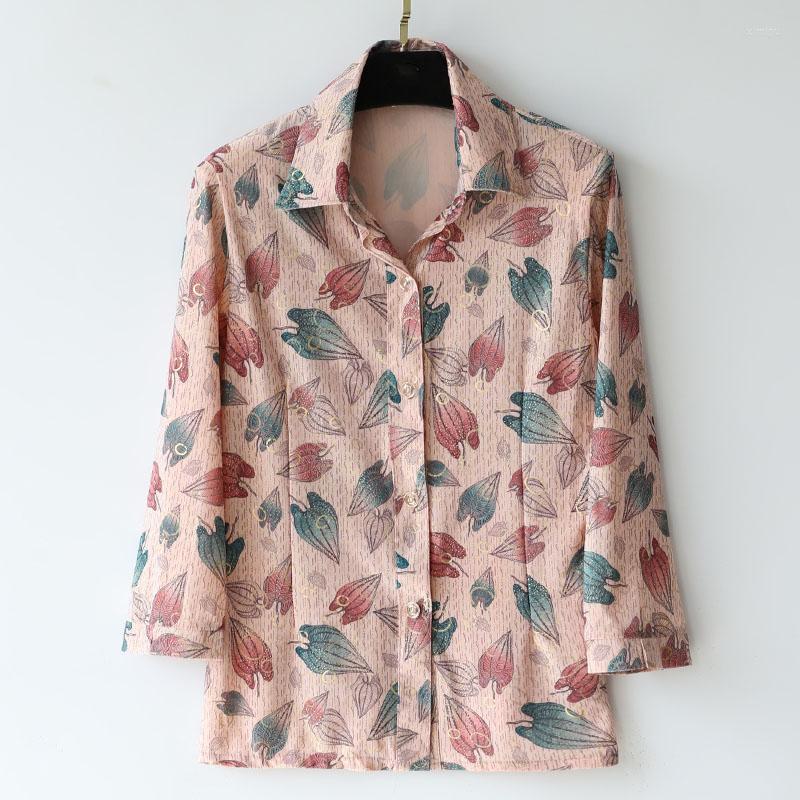 

Women's Blouses Middle Age Women Blouse Summer Plus Size Mother Clothing Silk Print Chiffon Shirt Blusa Feminina Top Cardigan 5XL W2128, Color 3