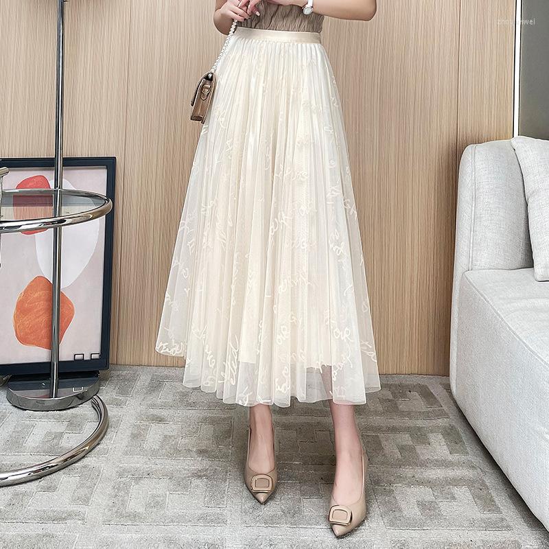 

Skirts Mesh Gauze Pleated Skirt Women 2023 Fashion Printing Reversible Elegant Elastic High Waist A-Line Female, Black