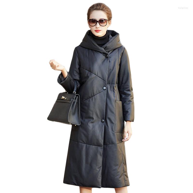 

Women's Leather Fashion Pu Jacket Women Winter Sheep Fur Down Cotton Hooded Parkas Warm Female Mid Long Padded Coats R1669, Black