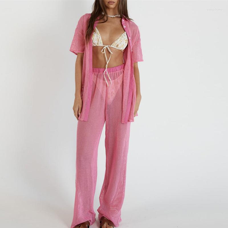 

Women's Tracksuits Women Sexy Bikini Hollow Loose Outfits Elegant See Through Shirt And Long Pant Suit Summer Casual Cover-up Solid Two, 04 blue