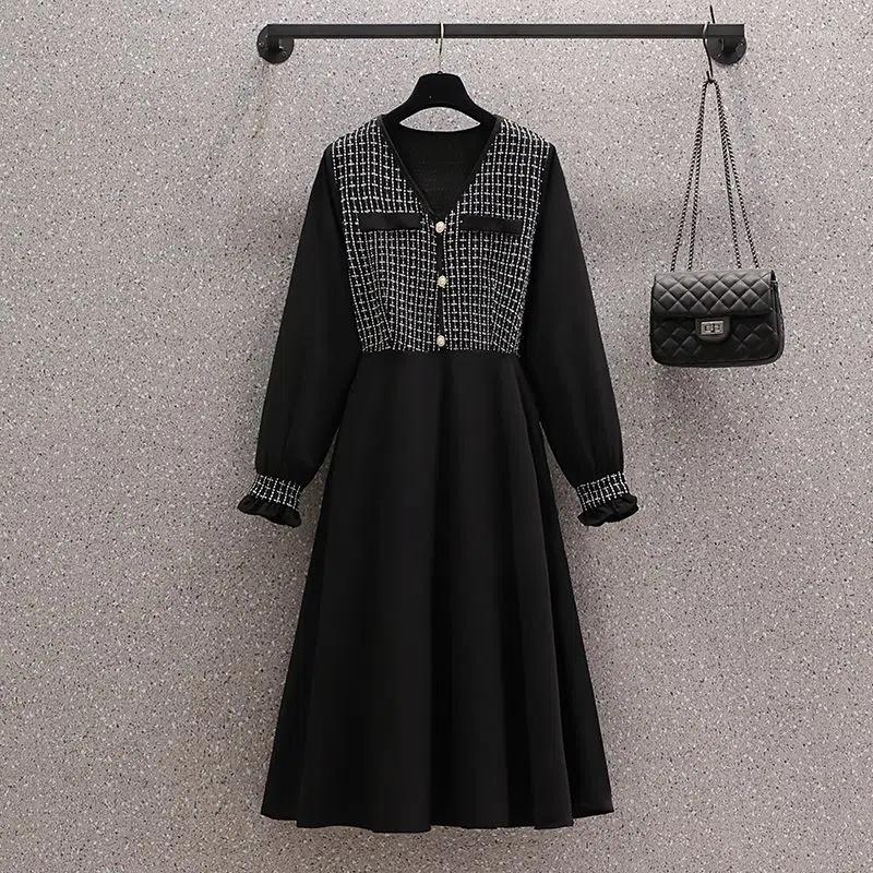 

Casual Dresses Spring Autumn Dress Women 2023 Korean Fashion V-neck Fake Two-piece Splicing Long Sleeves Elegant Ladies Vestidos, Picture color
