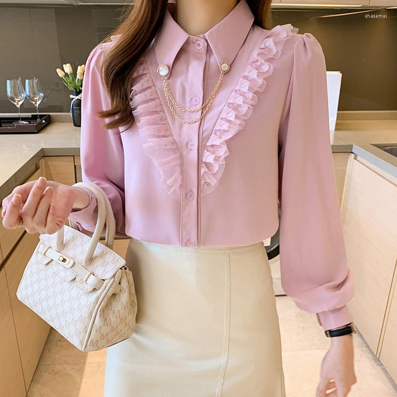 

Women' Blouses 2023 Autumn Elegant French Chiffon Stitching Lace Shirt Female Long Sleeve Tops Mujer Blusas Pink White Beading Blouse 2171