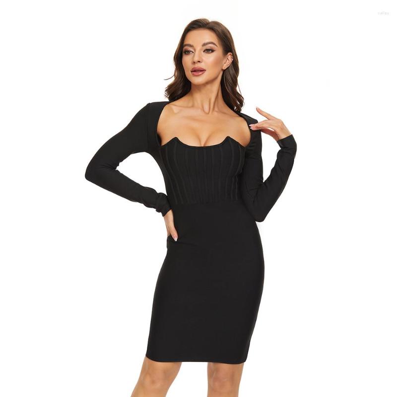 

Casual Dresses Women's Long Sleeve Bandage Dress Midi Strapless Bodycon 2023 Winter Sexy Elegant Club Celebrity Runway Evening Party, Black