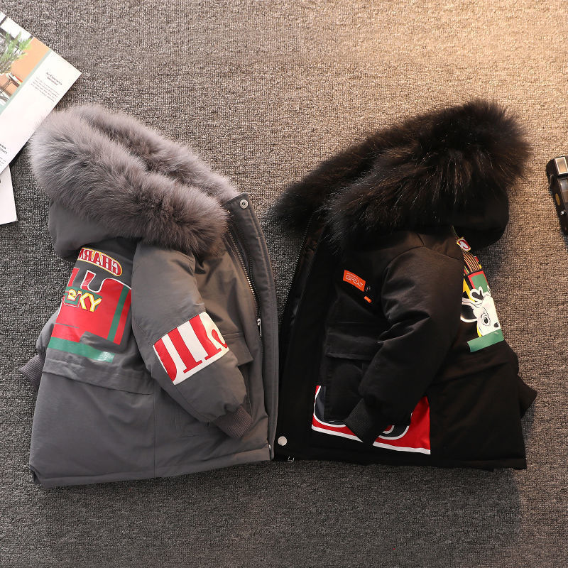 

Jackets Winter Kids Coats Children Boys Fashion Thick Cartoon Hooded Snowsuit For Girls Babys Cotton Clothes 28Y Toddler Parka 230313, Black