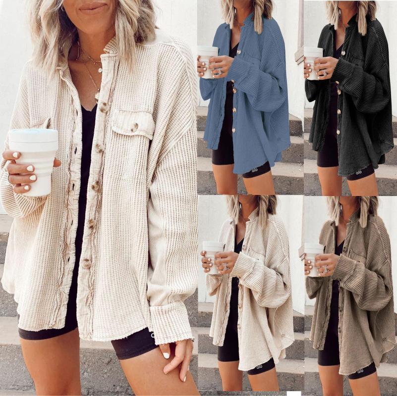 

Women' Jackets 2023 European And American Autumn Winter Waffle Loose Casual Shirts, Beige