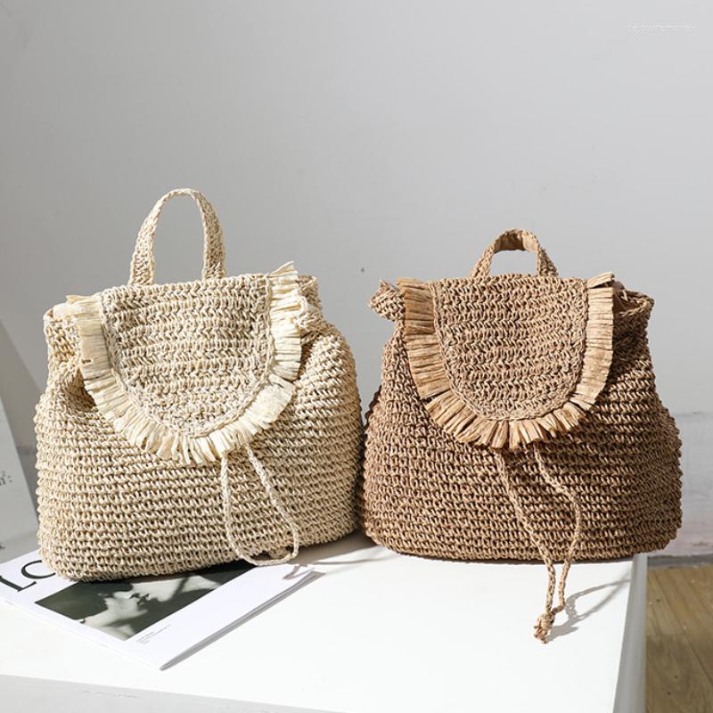 

School Bags Straw Woven Backpack Tassel Shoulder Bag Women's Seaside Holiday Beach Summer, Beige
