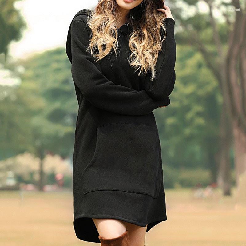

Casual Dresses 2023 Spring Autumn Solid Women' Sweatshirt Dress Fashion Loose Hooded Pocket Drawstring Ladies Vestidos, Black