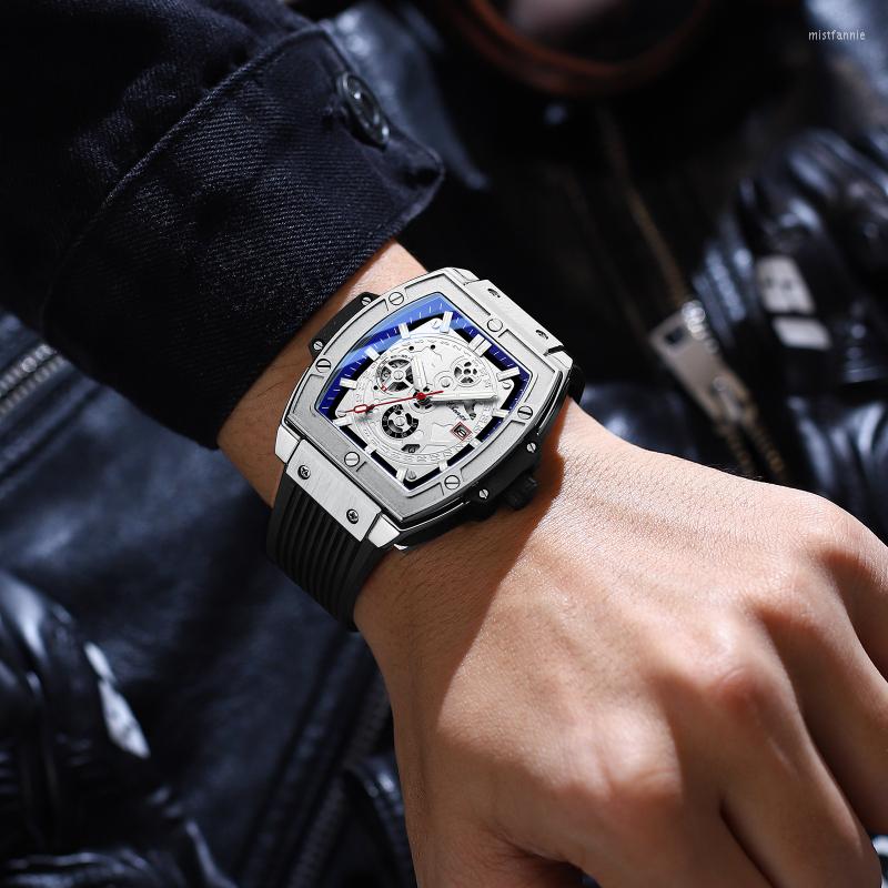 

Wristwatches Fashion Noctilucent Silicone Band Quartz Cool Rivet Tonneau Dial Casual Men Watch Watches For, Black