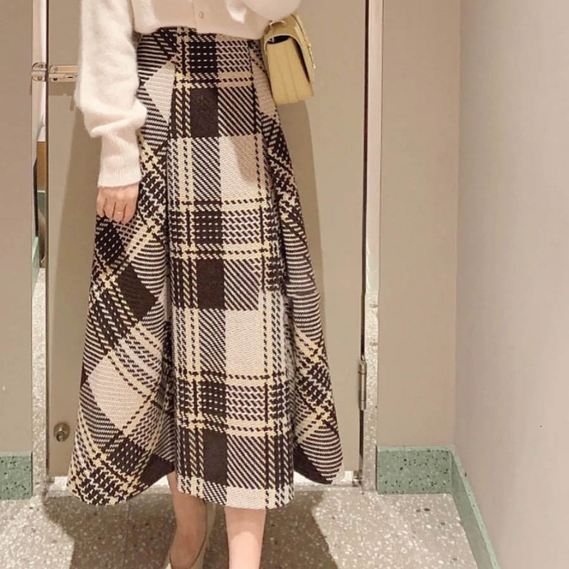 

Skirts Neploe Harajuku Faldas Mujer Moda JAPAN Autumn Winter Ball Gown Slim Jupe High Waist Plaid Contrast Color Long Skirt 230313, Orange