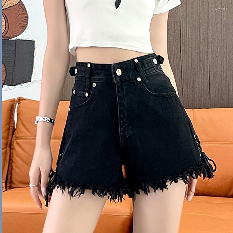 

Women's Shorts Women Loose Bandage Denim 2023 Summer Office Lady Tassel Jeans Femme Harajuku Wide Leg Pants Solid Bottoms DK004, Black
