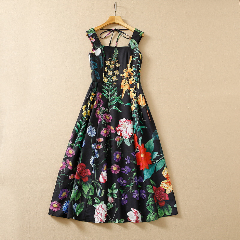 

Summer Spaghetti Strap Square Neck Dress Black Floral Print Sequins Beaded Rhinestone Mid-Calf Elegant Linen Cotton Casual Dresses 22Q042324